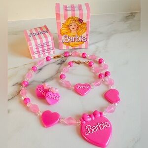 1989 Mattel Barbie I’m Into Barbie Pink Heart Necklace Bracelet Earrings Set NIB